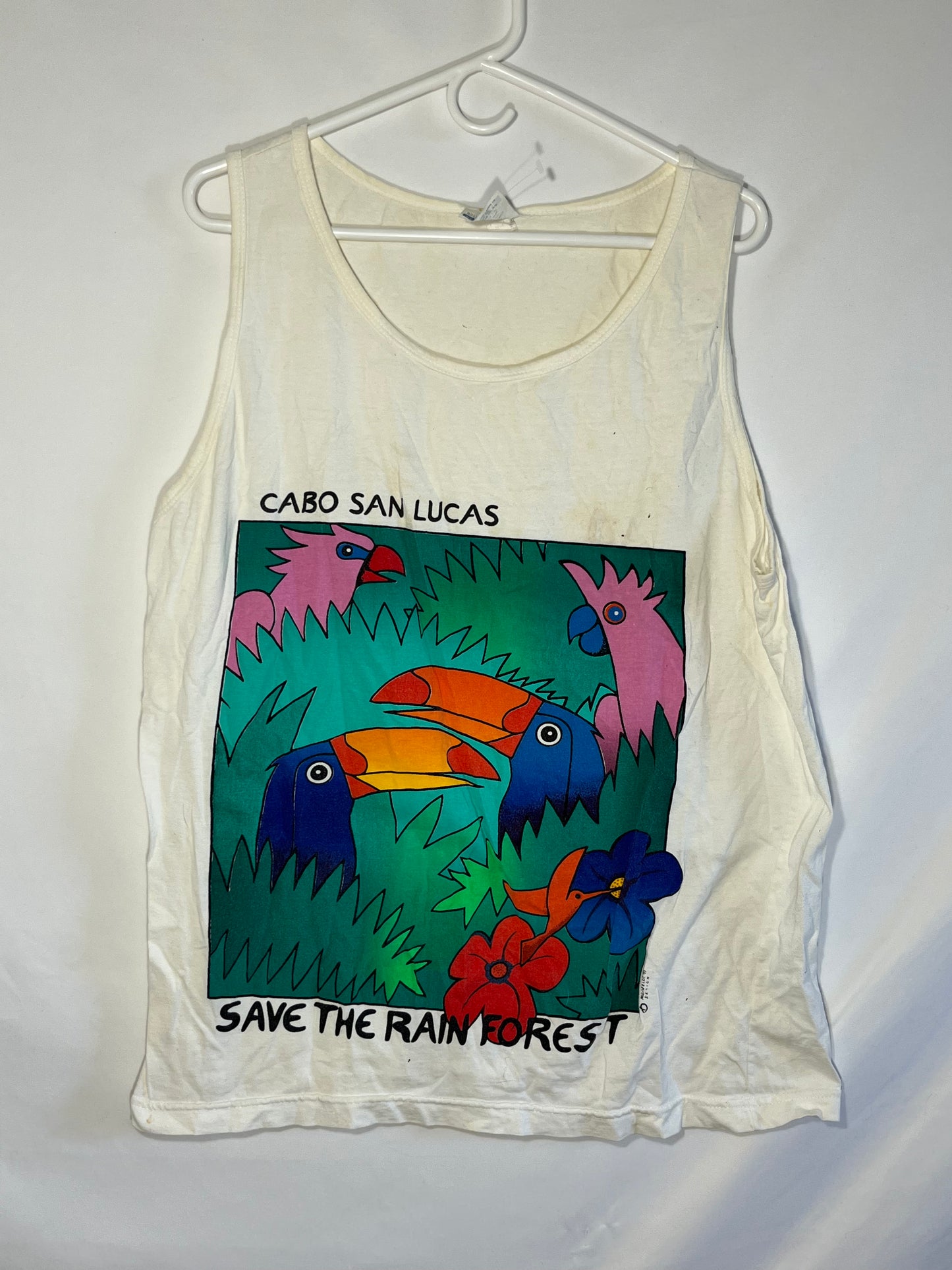 90's Cabo Save the Rainforest Parrot Tank Top Shirt - Medium - 21” x 26.5”