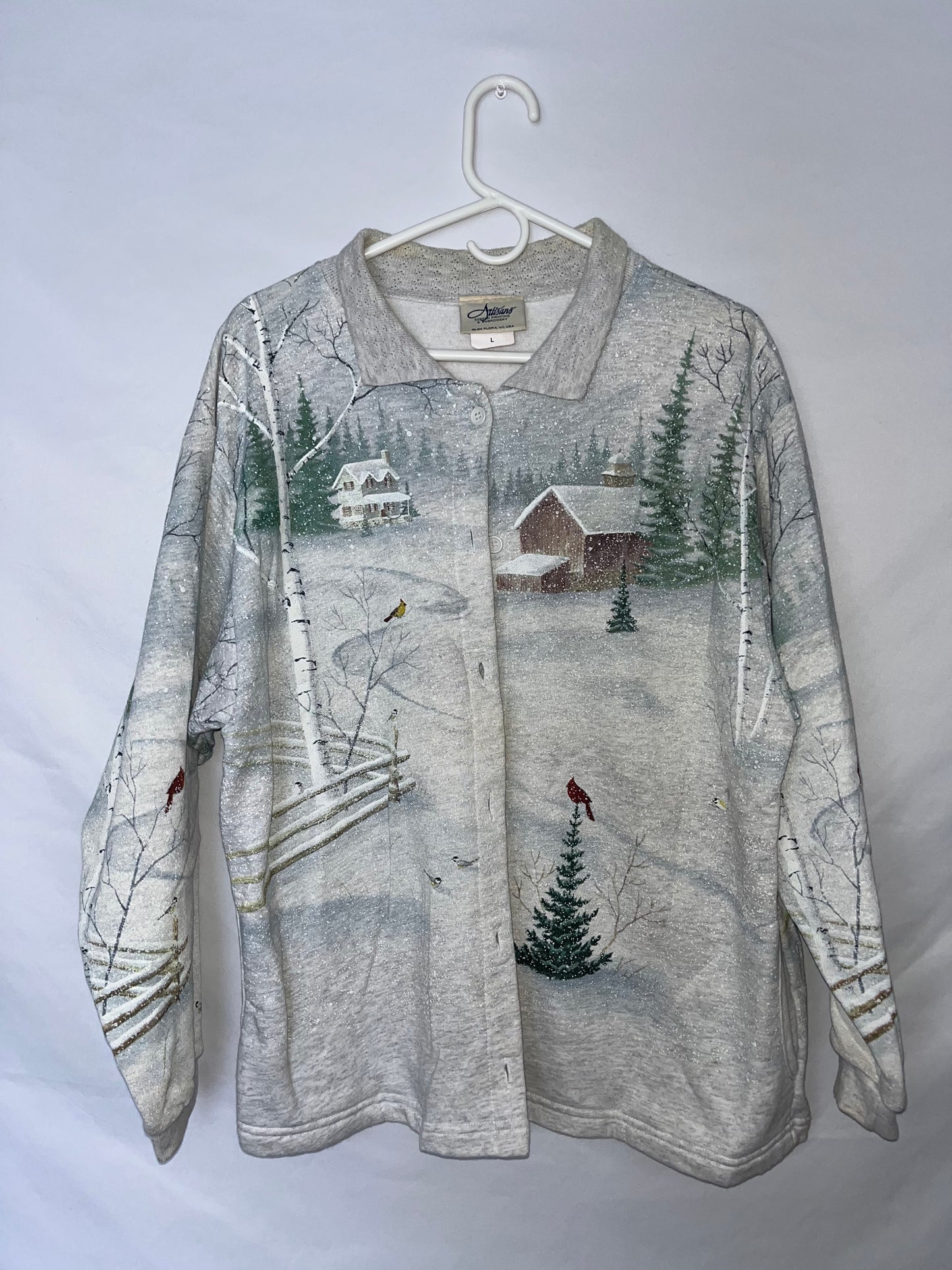 90's AOP Sweater Winter Scene Cardigan - Large - 22” x 26.5”