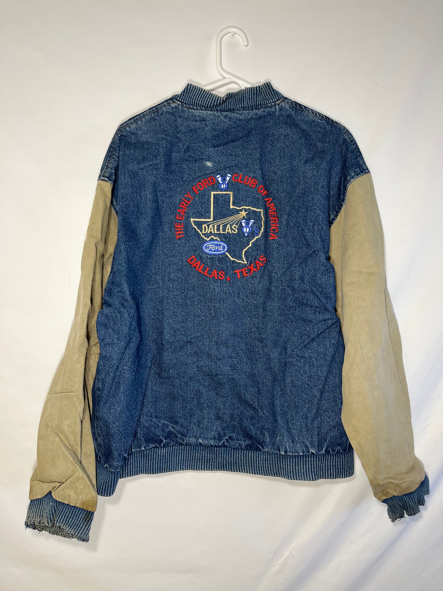 80's Early Ford Club of America Jimmy Denim Bomber Jacket - XLarge - 24” x 28”