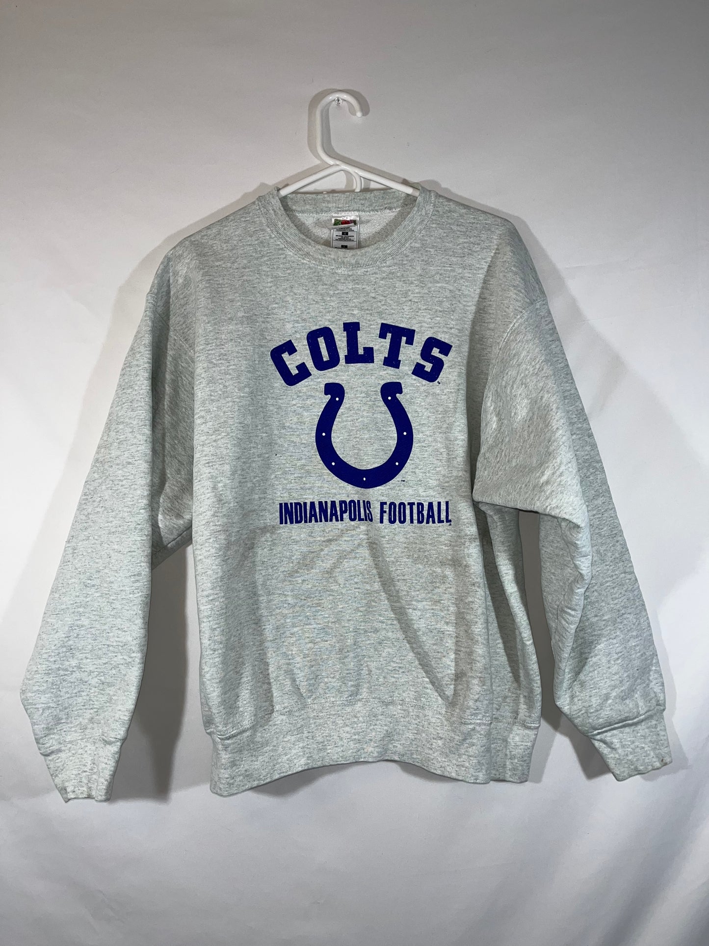 90 年代 FOTL Colts 圆领运动衫 - 大号 - 23 英寸 x 26.5 英寸