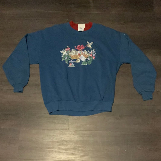 90's Jerzees Double Colared Bird Flower Crewneck - 22” x 27”