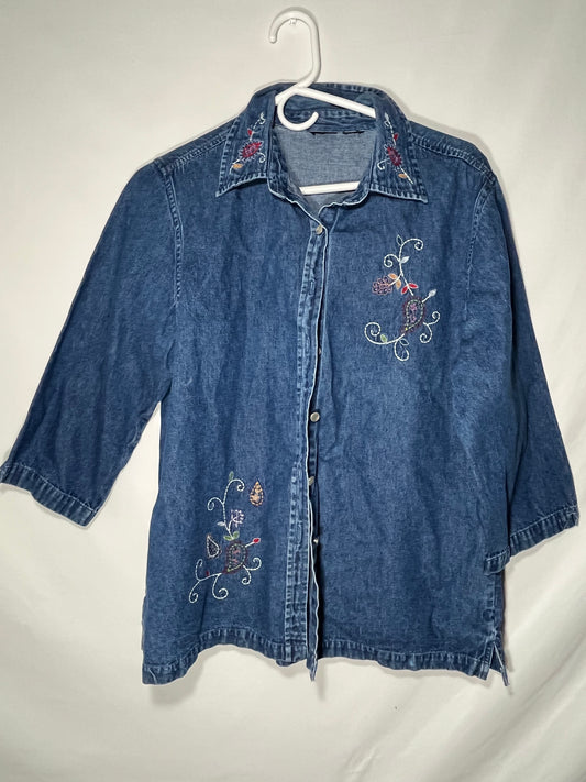 Denim Flowery Embroidered Button Up Shirt - Medium - 21” x 25.5”